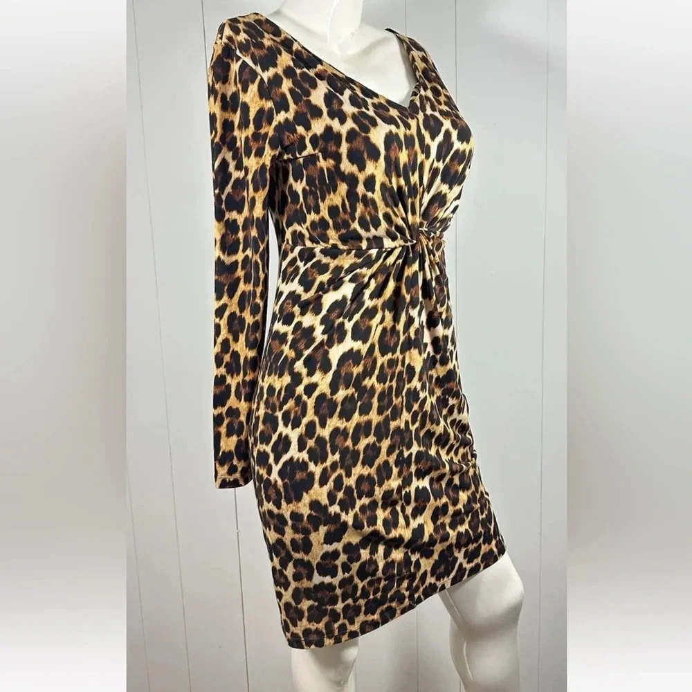 Jennifer Lopez Sheath Dress Womens Sz M Animal Print Long Sleeve V Neck - Picture 3 of 7